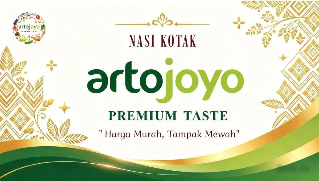 Identitas Nasi Kotak Artojoyo Premium Taste dengan sentuhan motif emas dan hijau